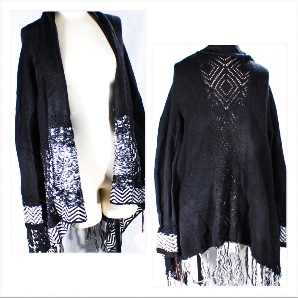 NWT Black & White Open Front Cardigan w/ Tassels Size XXL